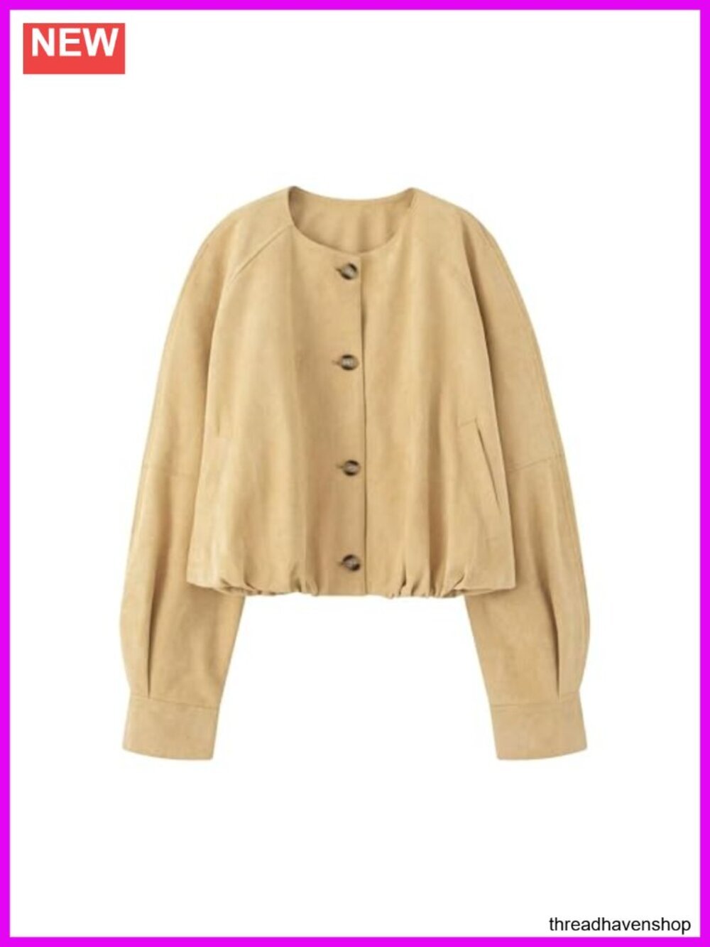 Faux Suede Button Jacket Oversized Gathered Hem Short Coat with Pockets